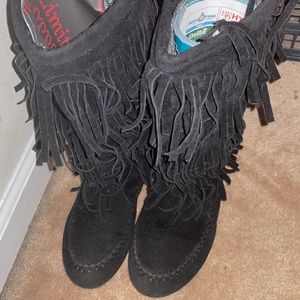 Layered Fringe Mid Calf Moccasin Boots